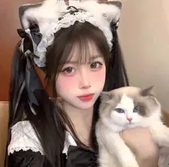 猫耳＆ヘッドドレス ブラック ハロウィン コスプレ ふわふわ リボン ハート