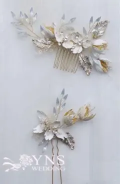 ウェディング ヘッドドレス 花と葉のセット