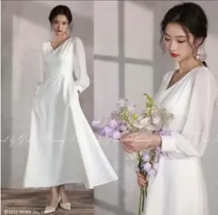 ウェディングドレス 白 長袖 Vネック 11号