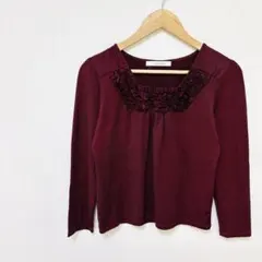 フリルボーダー柄クルーネックシャツ　長袖カットソー　L　赤レッド系　ストレッチ
