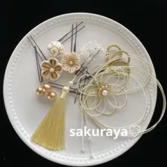 【382】つまみ細工髪飾り　卒業式袴　成人式　結婚式　水引き　和玉白金ちょい足し