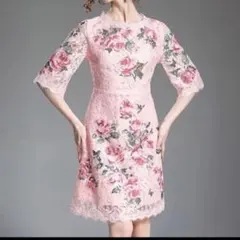エレガント❤️ワンピースインポート✨ピンクミニワンピ♡花柄レースで華やかNo.30