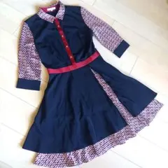 LOVELESS レトロ 幾何学模様切替ワンピース 膝丈 長袖のサムネイル