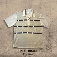 希少 未使用品 70s ヴィンテージ ニットポロシャツ L 茶 レトロボーダーのサムネイル