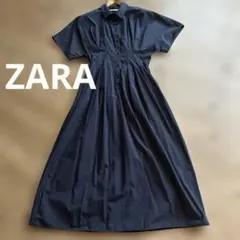 美品　ZARA ネイビー ロングシャツワンピース 半袖