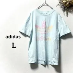 アディダス トレフォイルロゴ Tシャツ パステルブルーロゴプリント 半袖 L