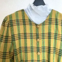 イエロー黄色ブラウスチェック柄ウール混ヴィンテージ昭和レトロポップガーリー春色