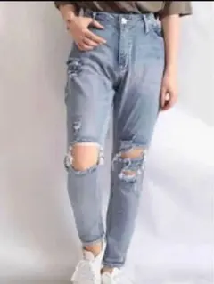 大きいサイズ レディース ストレッチダメージデニムスキニーパンツ