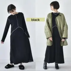 パールズ 授乳ケープ一体型デザインのマキシ丈ラウンジリブワンピース ブラック