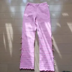 【美品】メゾピアノmezzopiano ボーダーレギンス　サイドリボン　ピンク