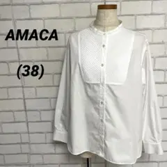 AMACA アマカ　ピンタックデザイン　ノーカラー白シャツ　38号
