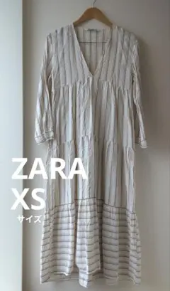 【ZARA】ストライプ　Vネックティアード　ロングワンピース　XS