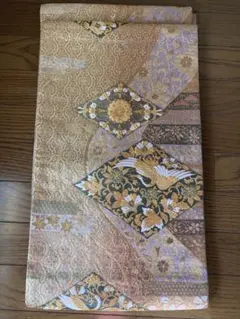 袋帯 鶴模様 金色 紫色