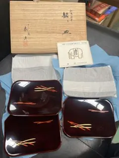 象彦 漆器 菓子皿 5枚セット 桐箱付　松葉柄