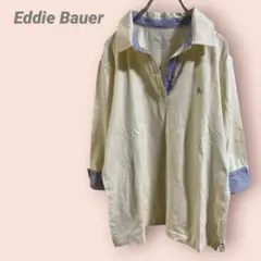 Eddie Bauer ポロシャツ７分袖　クリーム　ボーダー　刺繍　レディースLのサムネイル