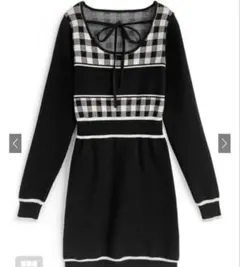 ギンガムチェック柄配色ラインニットミニワンピース[ru1353] Sサイズ