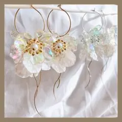 0オーロラフラワー 大ぶりハンドメイドピアス フープ パール ブライダル 花
