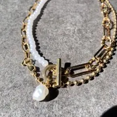 2連ネックレス　パール×ゴールドチェーンレディース　アクセサリー