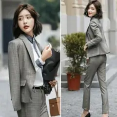 スーツ レディース 上下セット春秋パンツセット チェック柄 ビジネススーツ細身