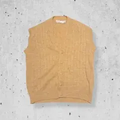 80sヴィンテージケーブル編みニットベストベージュ茶色前開きレトロアメカジ古着L