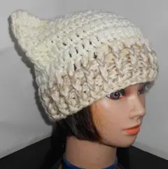 ℳ・1点物・オフホワイト・多色・ねこ耳ハット・ハンドメイド手編（男女兼用）