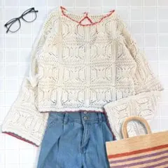 【きぬちゃん様】コットン100% 透かし編み ニット セーター プルオーバー