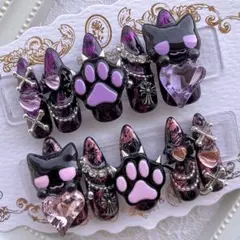 ネイルチップ 量産型 地雷 サブカル 天使界隈 紫 ピンク 黒 猫 肉球 リボン