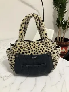 998 大きめヒョウ柄ふんわりデニムリメイクバック　ハンドメイド