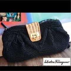 定価8万程度 美品☆フェラガモ2WAY レア高級感あるニット&ラタン素材 黒