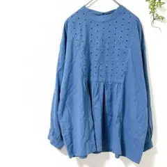 美品✨チュニックブラウス　綿100% M〜L ブルー系　長袖　Ｖネック