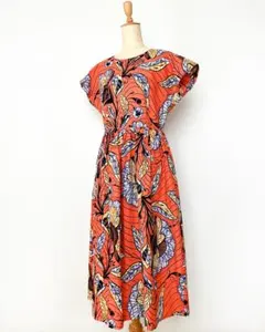 ★新品★ 花柄 アフリカンプリント ロングワンピース サーモンピンク M-L