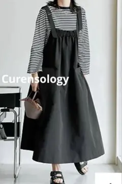 Curensology プリーツサロペット ロング丈 ブラック 大人サロペット