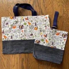 【ハンドメイド】レッスンバッグ 上履き入れ セット 動物柄 グレー 入園 入学