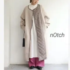 ノッチ アシメキルティング配色コート ベージュ M 切替 ノーカラー ロング丈