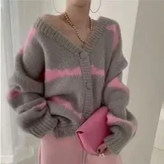 韓国 ボーダー グレー かわいい カーディガン ニット 春秋冬トップス もちもち