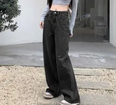 SHEIN ラメビーズ装飾 ブラック ワイドレッグ ダークグレー デニムズボン