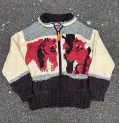 【名作】FIRST DOWN 動物柄 ベアカウチンジップアップニット Lサイズ