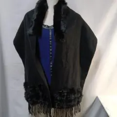 フリンジ付き黒ショールリアルファー付きロングマフラー