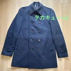 タカキュー ネイビー チェック柄 ダブルブレストコート ウール　カシミア混