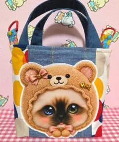 ハンドメイド ネコちゃんパネル生地トートバッグ デニム パッチワーク