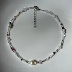 683 天然石ビーズネックレス　レッド×ホワイト