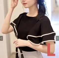 GRL フレア袖 ニットトップス mb1301 半袖 シフォン袖 ブラック L