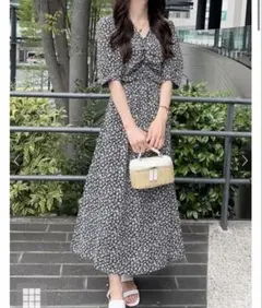 GRL グレイル Vネックシャーリング花柄ワンピース[on036]