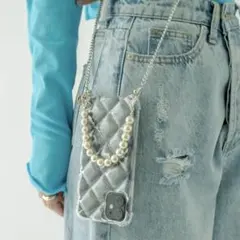 ※お値下げ※クリアキルティングiPhoneスマホケース パールストラップ付き