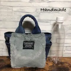 デニムリメイク☆サイドポケット付ミニトートバッグSラビットフェイクファーグレー