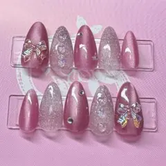 【現品】ピンク ラメ パープル 大人かわいい リボン ネイルチップ ハンドメイド