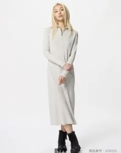 【ユニクロ】ハーフジップニットワンピース ライトグレー L