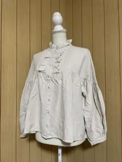 サマンサモスモス　ストライプフリルシャツ　ベージュ　フリー