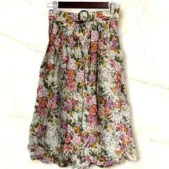 古着　フレアスカート　花柄　ベルト　膝下丈