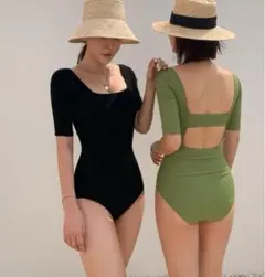 【ラス1】ビキニ　ワンピースビキニ　袖あり水着　グリーン体型カバー　着痩せリブ